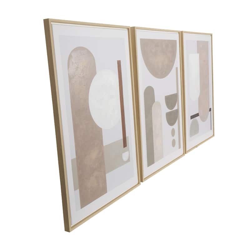 Canvas Geometric Mid Century Modern Geometric Framed Wall Art with Brown Accents - Set of 3 Pink - Roche River Decor