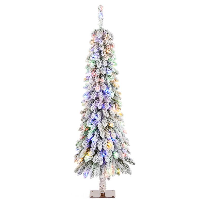 Glitzhome 4.5ft/6ft/7.5ft Pre-Lit Flocked Artificial Snowy Downswept Christmas Tree with Foot Pedal Control LED Lights