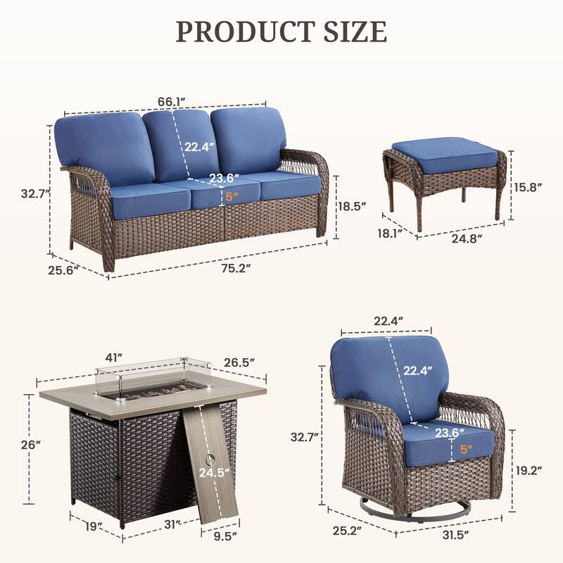Pocassy Outdoor Fire Pit Table with Swivel Chair Sofa Ottoman Funiture Set.