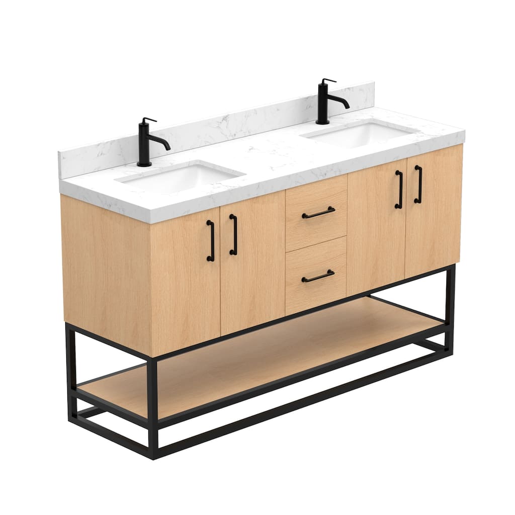 60" Freestanding Bathroom Vanity with Quartz Countertop, Ceramic Rectangular Sink, Backsplash - "60"