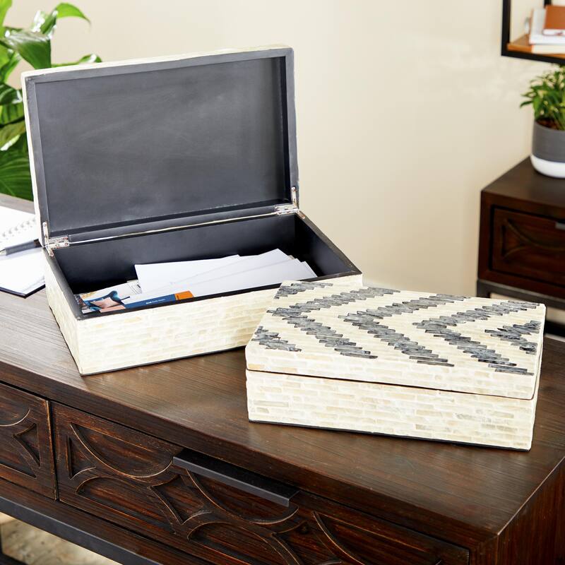 Mother of Pearl Shell Handmade Decorative Box with Hinged Lid Set of 2 Blue or Cream - Roche River Décor