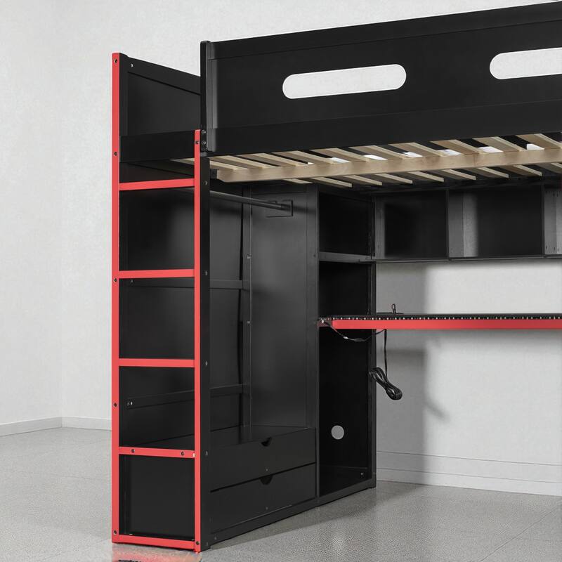 Full Size Loft Bed with Desk, RGB LED Lights, Wardrobes, Drawers and USB Charging Port for Teens and Gamers