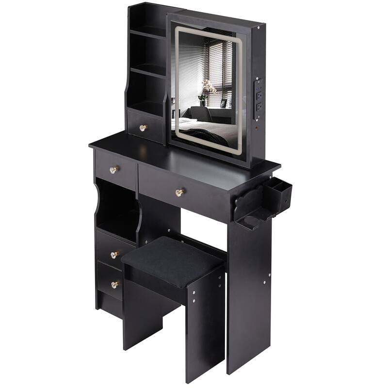 29.2" Small Size Left Drawer Desktop Vanity Table + Cushioned Stool, 2 AC+2 USB Power Station, Hair dryer bracket