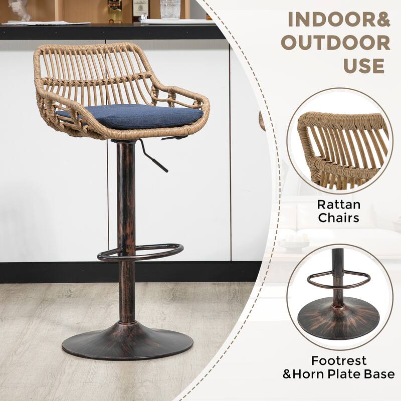 Modern Swivel Bar Stool Set of 2, with Footrest, Rattan Adjustable Bar Stool for Kitchen, Dining Room
