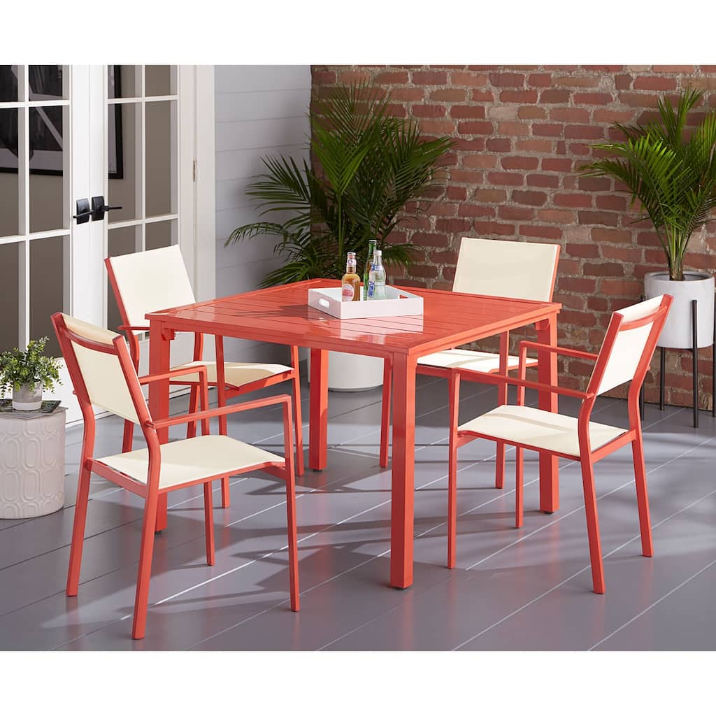 Mod Luna 5-Piece Patio Dining Set in Coral with 4 Sling Dining Chairs and 41-in. Slat Dining Table
