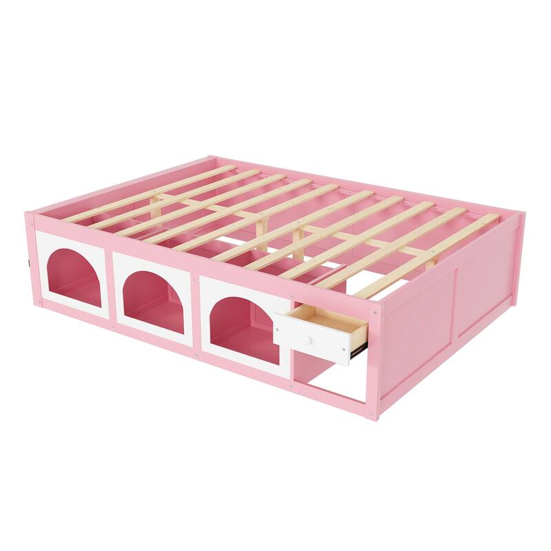 Wooden Platform Bed with Footboard Bookshelf, LED Display Cabinet and Drawer Storage by Harper&Bright Designs