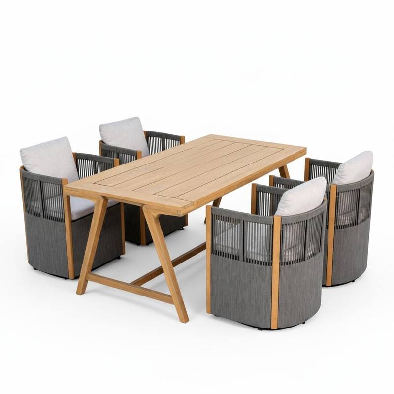 Christopher Knight Home - Maris 5-Piece Outdoor Acacia Wood Swivel Dining Set with 70.75" Rectangular Slat Table and Cushions