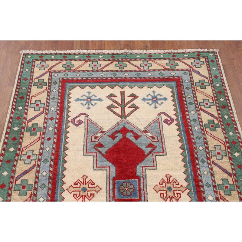 Ivory Geometric Kazak Accent Rug Hand-Knotted Wool Carpet - 3'5" x 5'0"