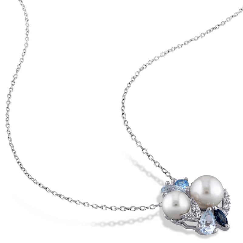 Miadora Sterling Silver Cultured Freshwater Pearl, Blue Topaz and Created White Sapphire Necklace