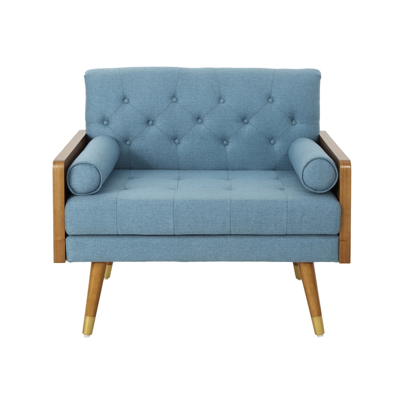 Blue Modern 37.75" Upholstered Button Tufted Club Chair with Rolled Accent Pillows and Wood Frame