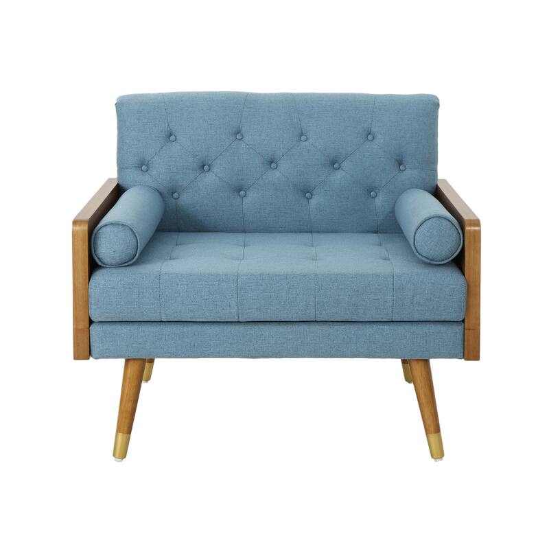 Modern 37.75" Upholstered Button Tufted Club Chair with Rolled Accent Pillows and Wood Frame