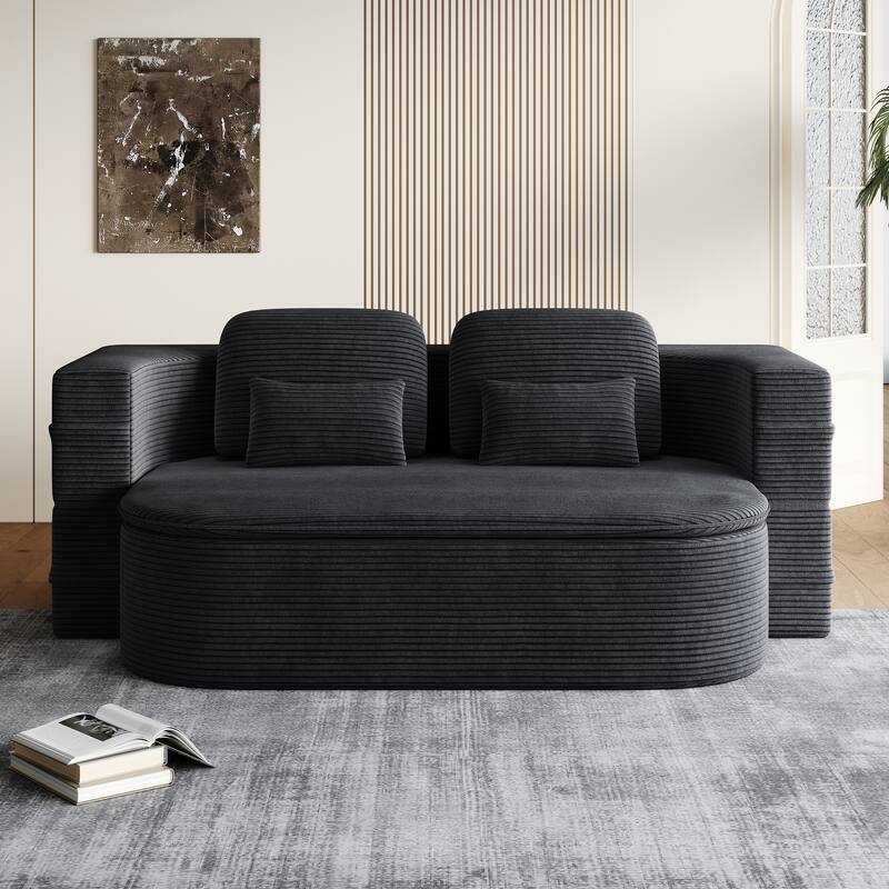 2-in-1 Floor Sleeper Sofa Bed Corduroy Foldable Sofa with Functional Blanket and Pillows for Living Room Bedroom Studio
