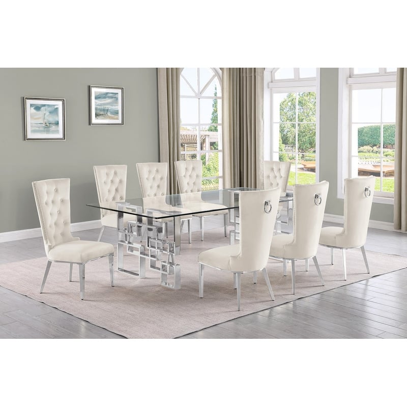 Best Quality Furniture D223/4-SC330-7 Dining Set with 95" 15mm Glass - 9-Piece - Cream / Silver