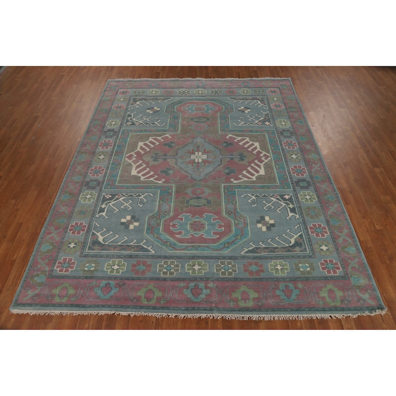 Blues Pink Geometric Oushak Indian Area Rug Handmade Wool Carpet - 8'0" x 10'0"