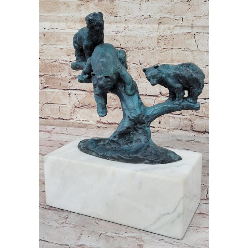 Bear Family Bears On Tree Branch - Bronze Metal Sculpture On White Marble Base