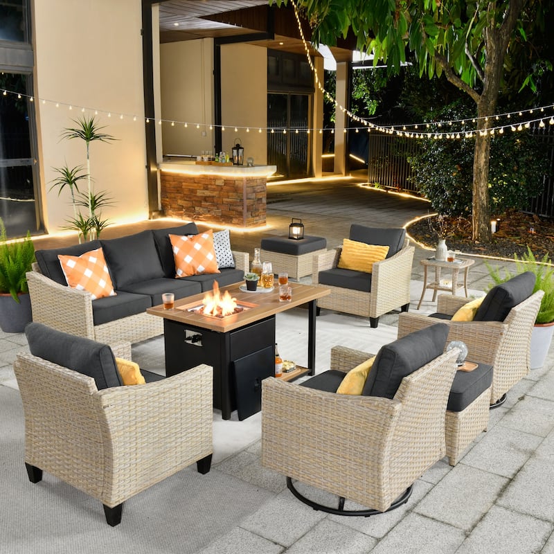 HOOOWOOO 9-piece Wicker Rattan Outdoor Furniture Set Swivel Rocking Chair Set