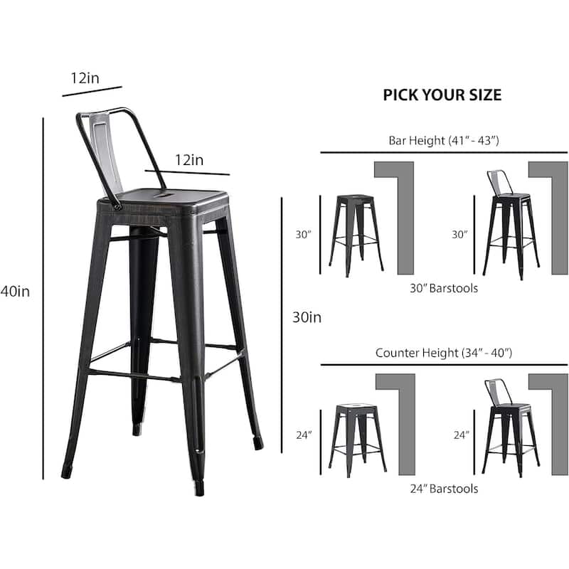 2-Piece 30" Industrial Bar Stool Set - Distressed Black with Bucket Back