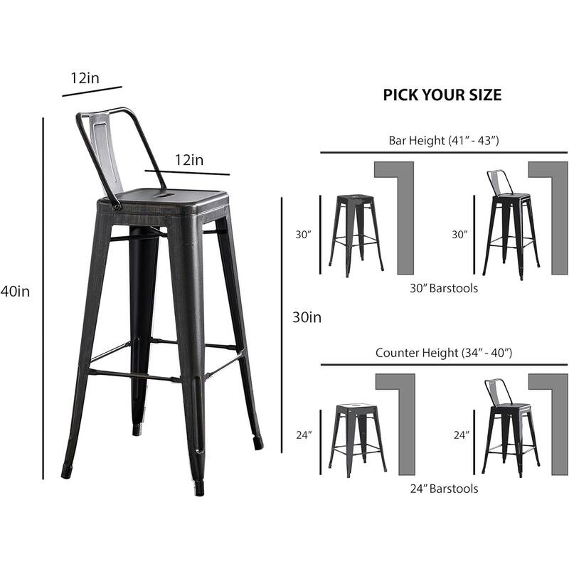 30" Sanded Matte Black Industrial Contemporary Rustic Metal Barstools with Bucket Back, Set of 4