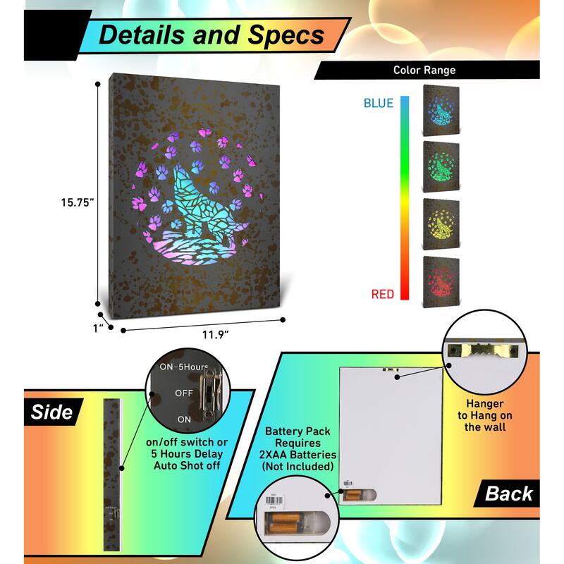 CoTa Global Wolf Light Up LED Wall Art - Fun Changing Color LED Light - 15.75Lx11.9Wx1H inches