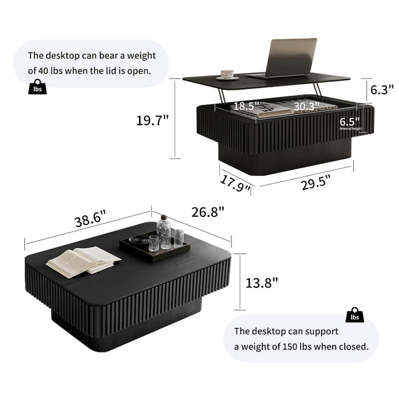 Storage Modern Coffee Table 38.6'' Fluted Lift-top Tea Coffee Table