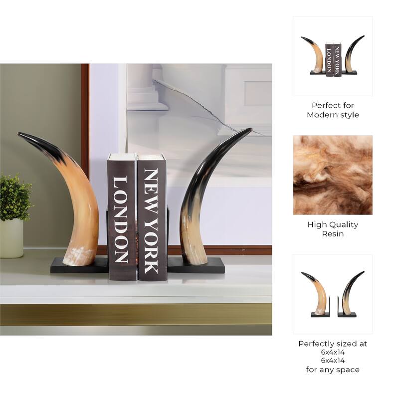 Decorative Resin Horn Bookends for Home Decor - Set of 2, 14", Black - 14.0"