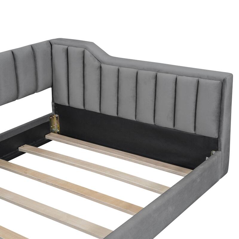 Upholstered Daybed with Sloped Arms and Side Pocket, Vertical Stripes Grounded Daybed with Wood Slat Support, Velvet Fabric