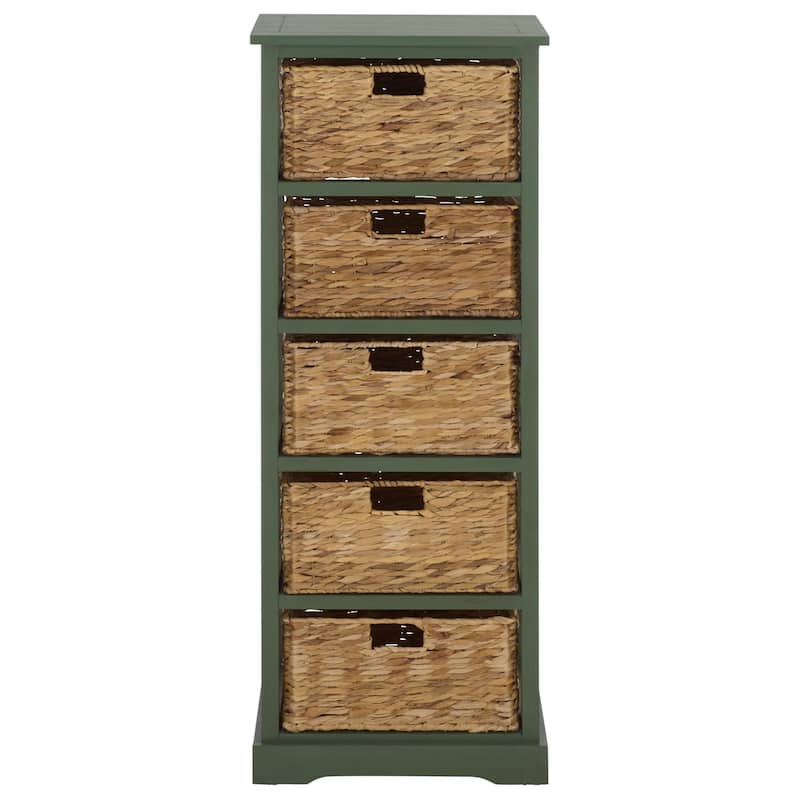 SAFAVIEH Faith Distressed Black 5-Drawer Wicker Basket Storage Tower - 17.3" x 13.4" x 46.1" - 17"W x 13"D x 46"H - Dusty Green