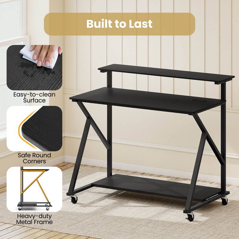 Costway Rolling Computer Desk with Charging Station Monitor Stand