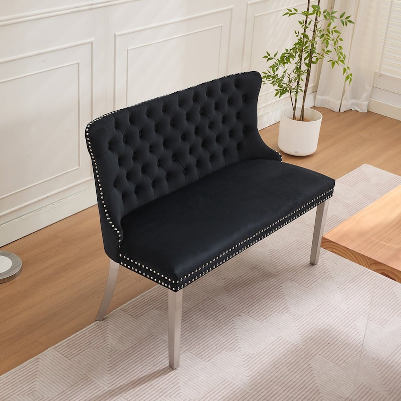 Velvet Double Dining Loveseat Bench, 2-Seat Tufted Bench w/Handmade Buttons, Wing Back, Gold-Plated Steel Legs, Single Pack