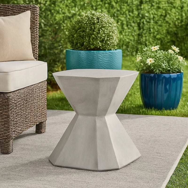 Outdoor End Table, Modern Hourglass Shape, 17 Inch, Natural Concrete