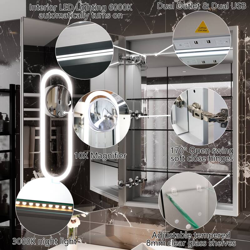 36'' H Recessed or Surface Mounted Bathroom LED Mirror Cabinet With Defogger, Dimmer, 10x magnifying