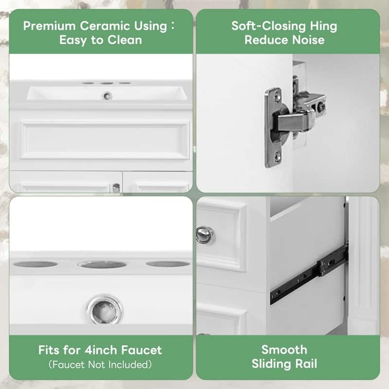 24" Modern Bathroom Vanity with Ceramic Sink and 2 Drawers, Adjustable Shelf