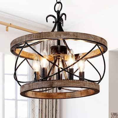 15.5/20" Oaks Aura 5-Light Farmhouse Kitchen Island Chandelier Wood Cage Pendant