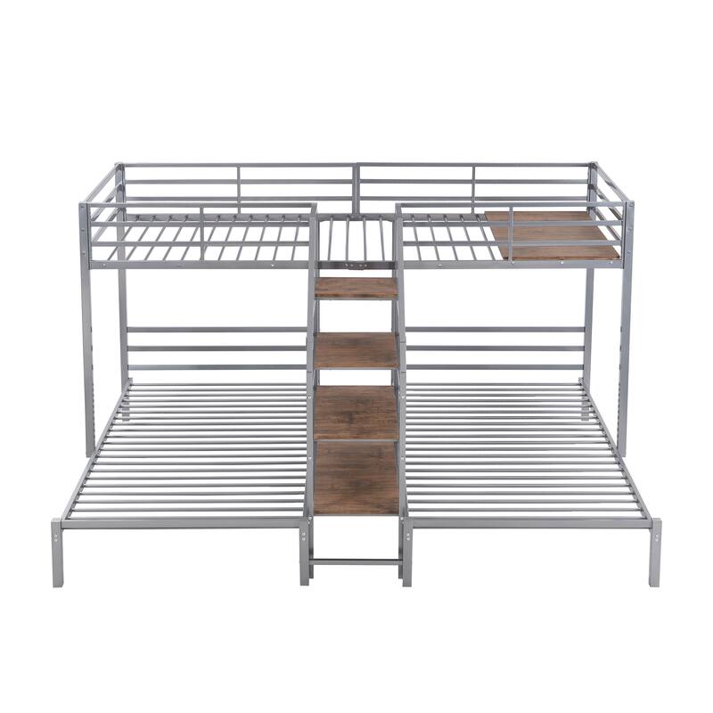 Twin over Twin & Twin Size Bunk Bed for 3 Kids, Metal Triple Bunk Bedframe with Storage Shelves Staircase, No Box Spring Needed