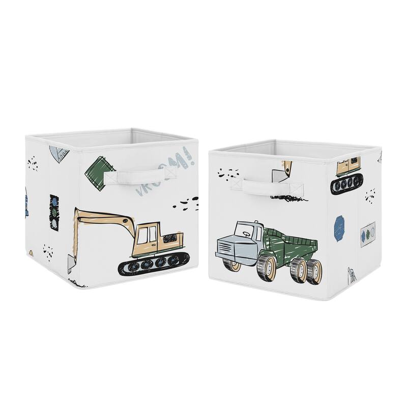 Construction Truck Collection Foldable Fabric Storage Bins - Grey Yellow Black Blue and Green Transportation