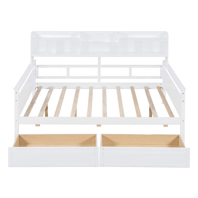 Full Size Daybed with Bedside Shelf and Two Drawers, Multifunctional Storage Solid Wood Sofa Bed Frame for Bedroom Living Room