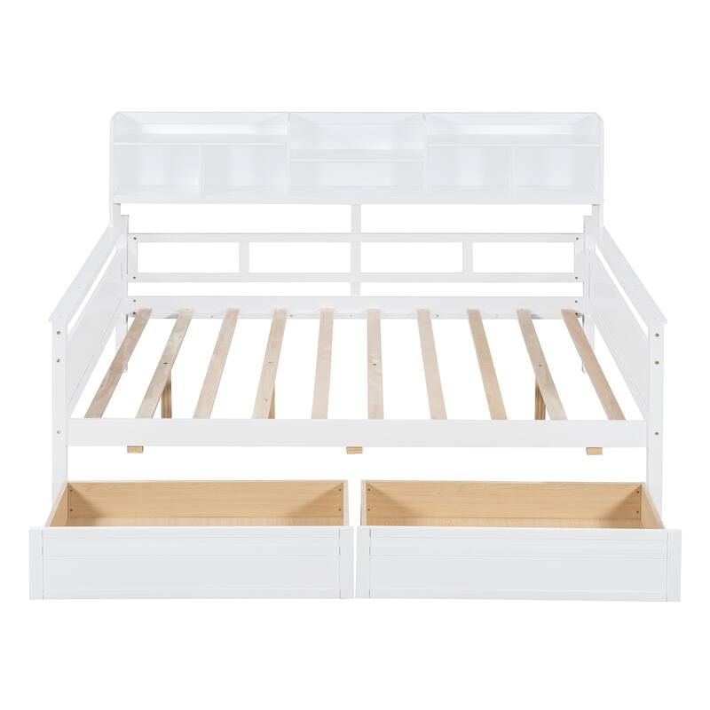 Twin/Full Size Daybed, Solid Wood Platform Sofa Bed Frame with Built In Bookshelves and Two Drawers