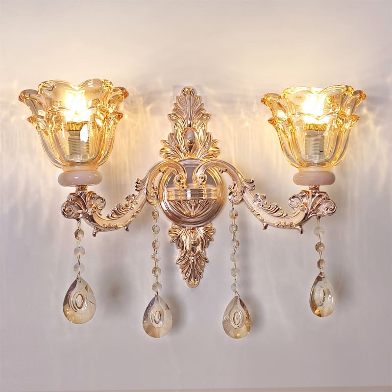 Antique Gold Crystal Wall Sconce Glass Flower Lampshade with Beveled Clear Crystals