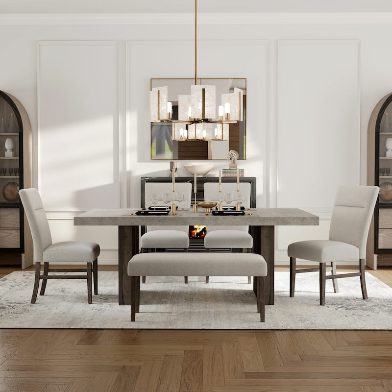 Roundhill Furniture Sorlen Modern 6-Piece Dining Set, 3D Faux Concrete Table with 4 Chairs and Bench