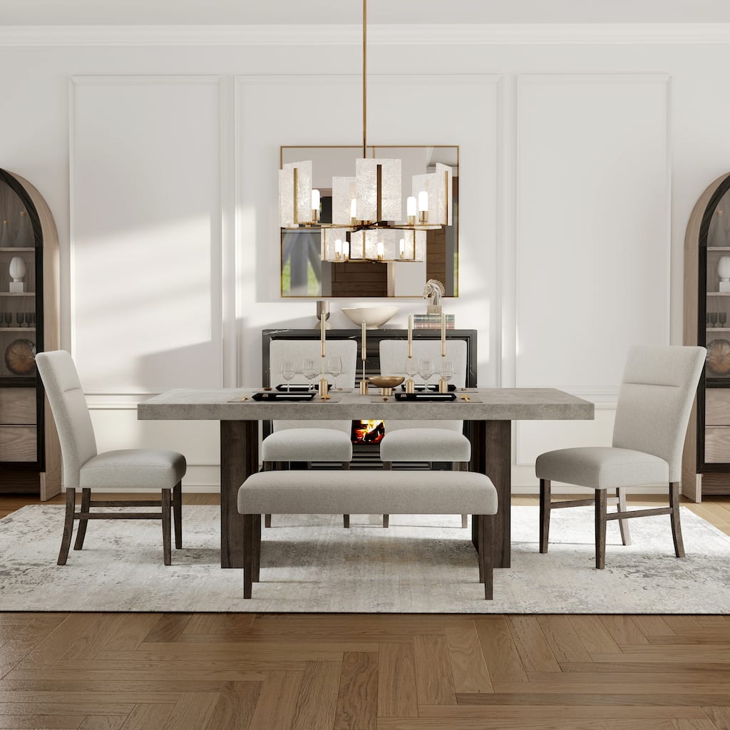 Roundhill Furniture Sorlen Modern 6-Piece Dining Set, 3D Faux Concrete Table with 4 Chairs and Bench