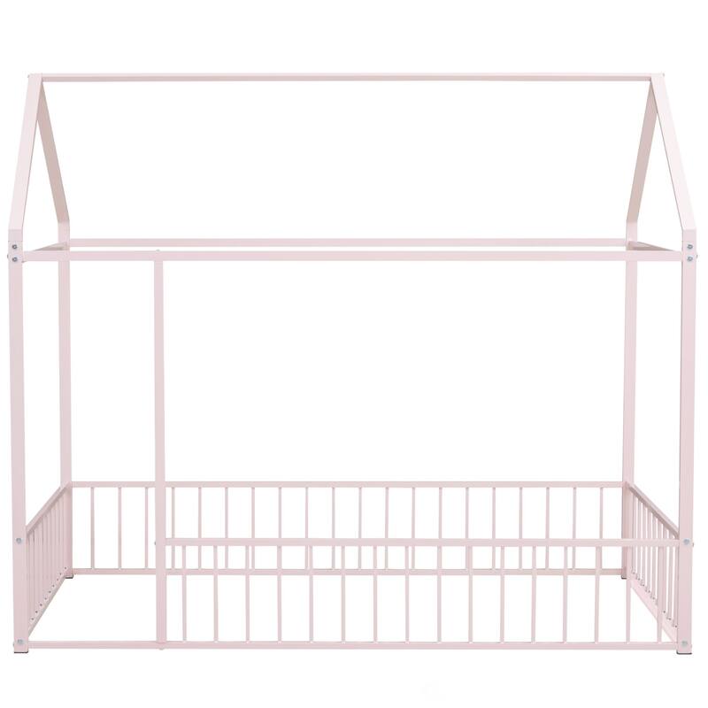 Twin Size Metal Bed House Bed Frame with Fence, for Kids, Teens, Girls, Boys
