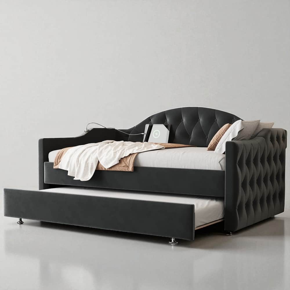 Twin Size Velvet Upholstered Daybed with Trundle, USB & Type-C Ports, Tufted Sofa Bed Frame, No Box Spring Needed