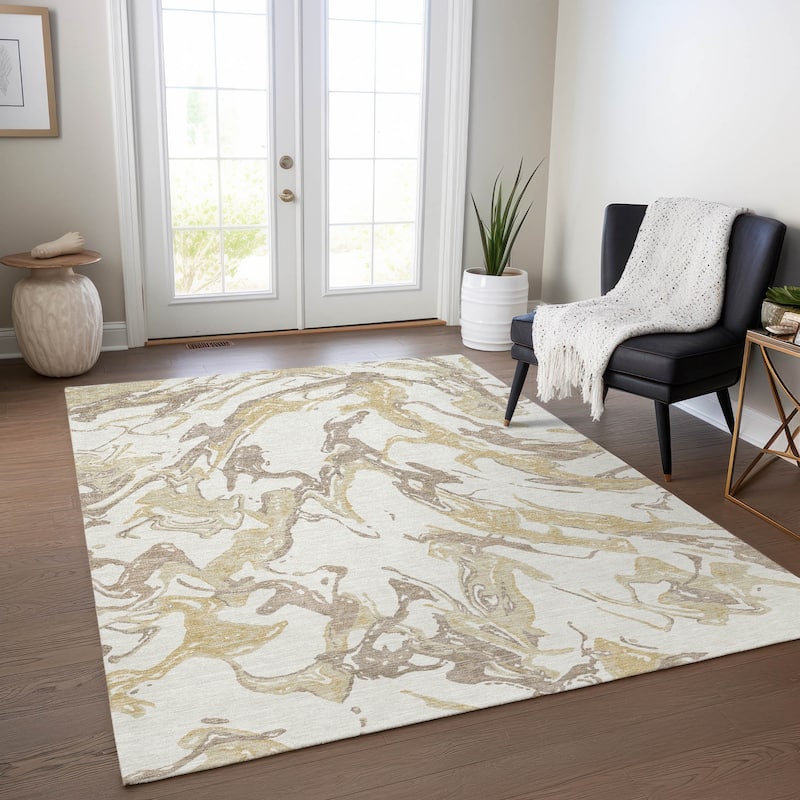 Machine Washable Indoor/ Outdoor Modern Wave Chantille Rug - Ivory - 10' x 14'