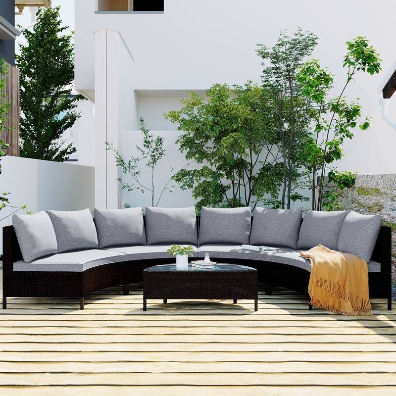 5-Piece All-Weather Brown PE Rattan Sectional Sofa Set - Outdoor Patio Half-Moon Wicker Furniture with Tempered Glass Table