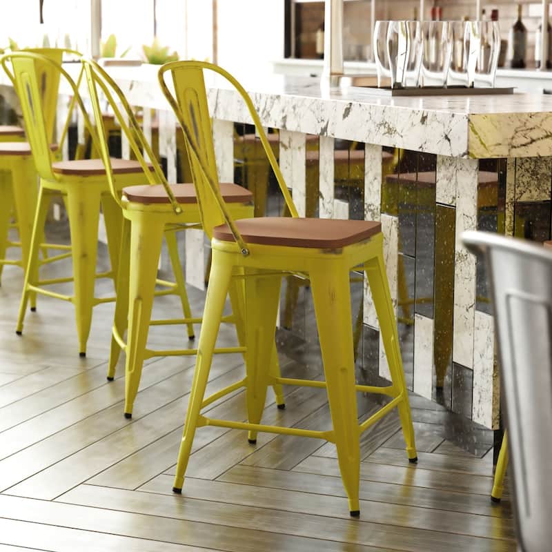 All-Weather Counter Height Stool with Poly Resin Seat - Yellow/Teak