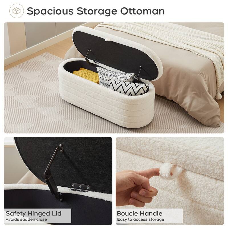 45" White Teddy Storage Ottoman Bench for Living Room Bedroom,Oval Sherpa Storage Bench Ottoman Foot Rest Anti-slip Legs