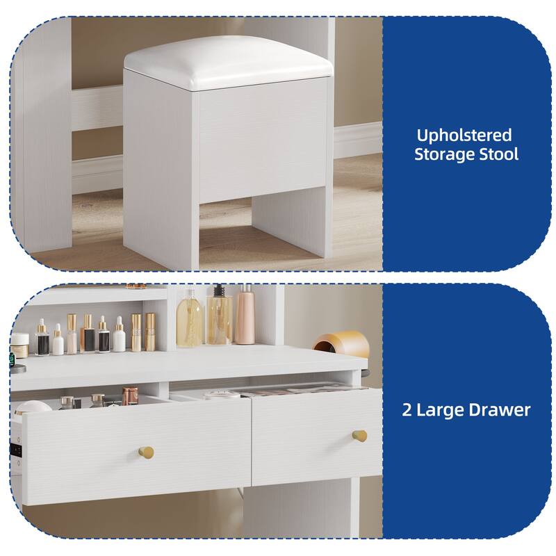Moasis Makeup Vanity Set with Storage Stool and Round LED Touch Screen Mirror & Charger Station