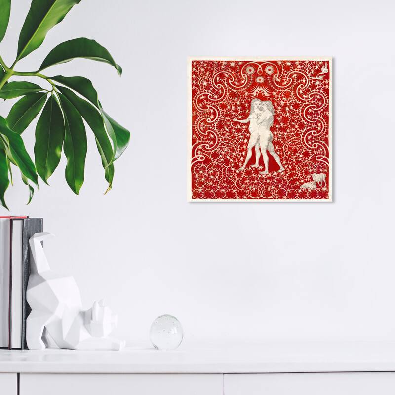 Wynwood Studio Canvas Spiritual and Religious Adam and Eve in the Garden Red and Crimson Traditional Wall Art Canvas Print - 12 x 12