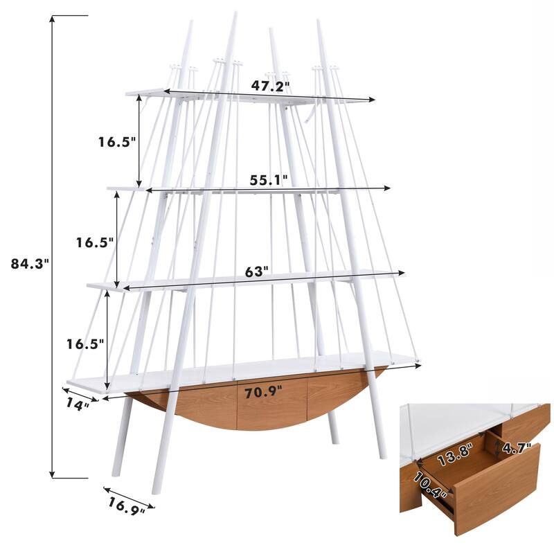 Sailboat-Inspired Bookshelf, 70.87 inch Industrial 4-Tier Open Storage Shelf with Drawer, Wooden & Metal Freestanding Bookcase