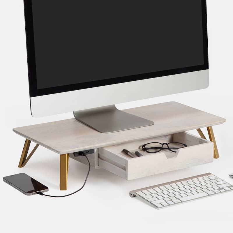 Jani Wood Monitor Stand Riser Desk - Ergonomic Design Stand, Desktop Organizer Table for Home, Office Workspace, Gaming Desk - Off-White